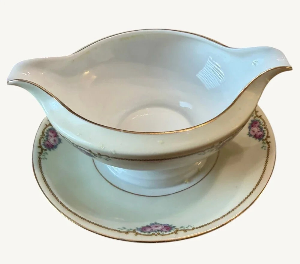Vintage Thomas Bavaria Lakewood Gravy Boat Attached Underplate Floral Gold 7.25